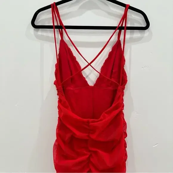 Michael Costello Red Ruched Bodycon Midi Dress with Crisscross Back - Picture 9 of 11